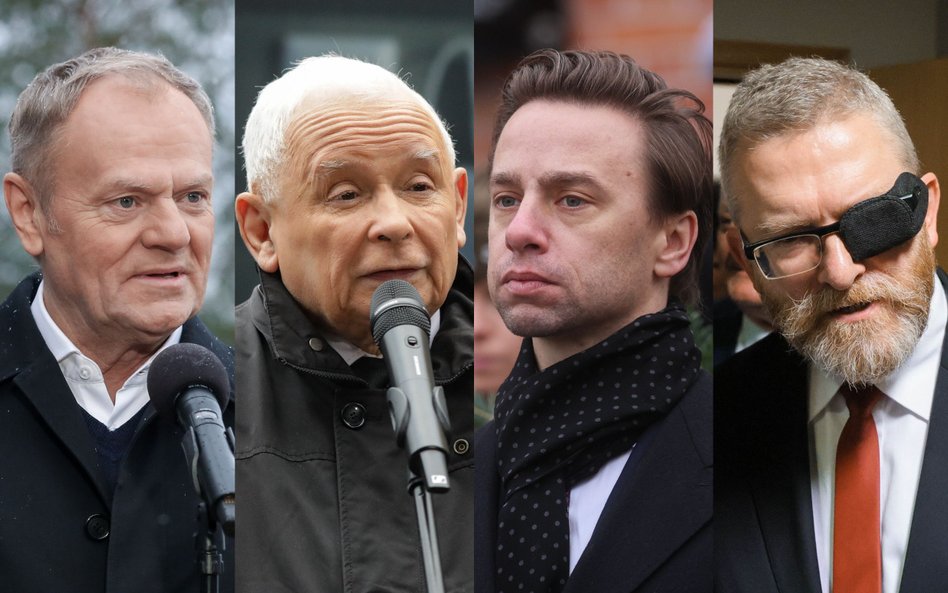 Donald Tusk, Jarosław Kaczyński, Krzysztof Bosak i Grzegorz Braun