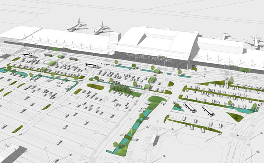 Immagine modello dell'aeroporto di Katowice prima e dopo l'attuazione del progetto Archiclima LIFE