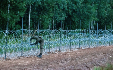 Żołnierz podczas budowy ogrodzenia na granicy polsko-białoruskiej (sierpień 2021 r.)