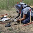 Saper z  organizacji pozarządowej HALO Trust usuwa miny na polu niedaleko wsi Sniguriwka w obwodzie 