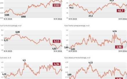 Kursy złota, ropy i podstawowych walut w ciągu ostatnich 12 miesięcy.