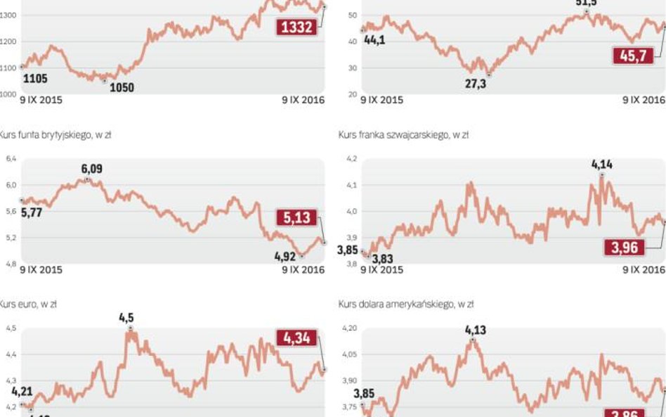 Kursy złota, ropy i podstawowych walut w ciągu ostatnich 12 miesięcy.