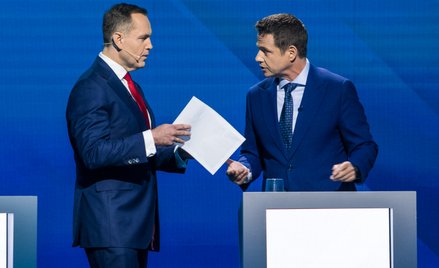 Karol Nawrocki i Rafał Trzaskowski podczas poprzedniej debaty w TVP przed pierwszą turą wyborów prez