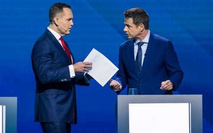 Karol Nawrocki i Rafał Trzaskowski podczas poprzedniej debaty w TVP przed pierwszą turą wyborów prez