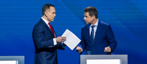 Karol Nawrocki i Rafał Trzaskowski podczas poprzedniej debaty w TVP przed pierwszą turą wyborów prez