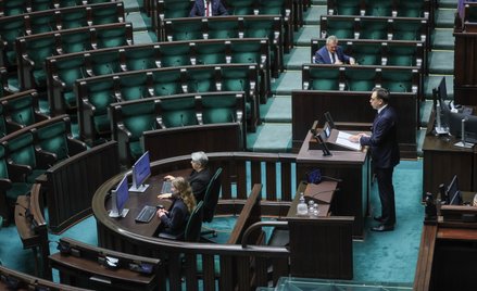 Minister finansów i gospodarki Andrzej Domański przemawia w Sejmie w Warszawie, 9 bm. Podczas posied