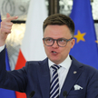 Marszałek Sejmu Szymon Hołownia w trakcie konferencji prasowej w Sejmie