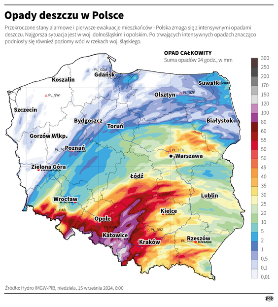 Opady deszczu w Polsce (stan na ranek, 15 września)