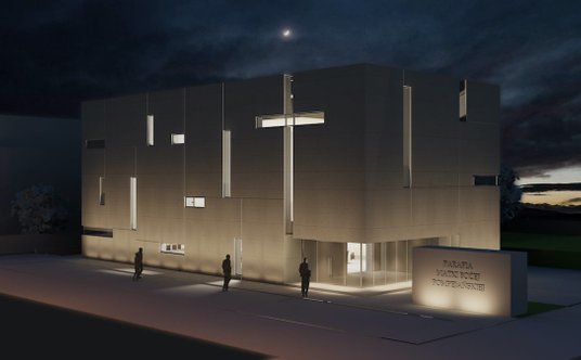 Wizualizacja kościoła w nocy.