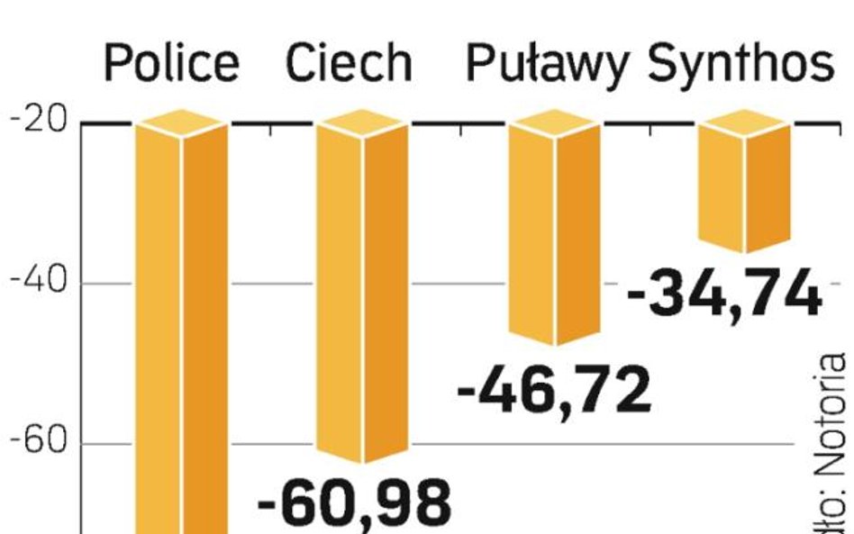 W ciągu ostatnich 12 miesięcy najwięcej stracili akcjonariusze Polic. Najmniej spadły notowania Synt