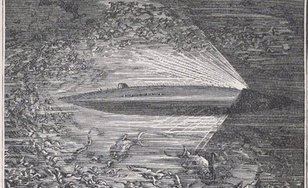 Rysunek autorstwa Alphonse’a de Neuville’a, przedstawiający okręt podwodny Nautilus kapitana Nemo, p