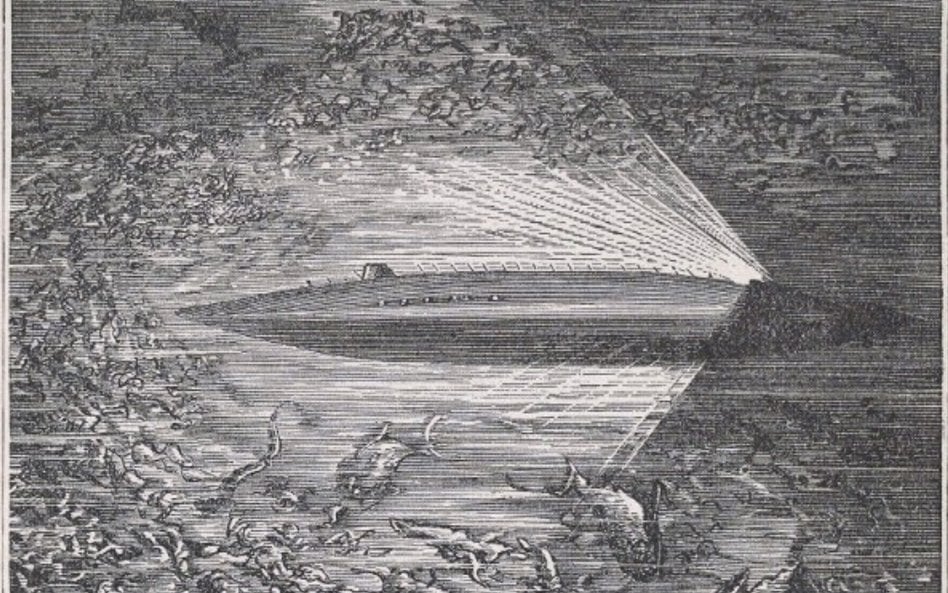 Rysunek autorstwa Alphonse’a de Neuville’a, przedstawiający okręt podwodny Nautilus kapitana Nemo, p