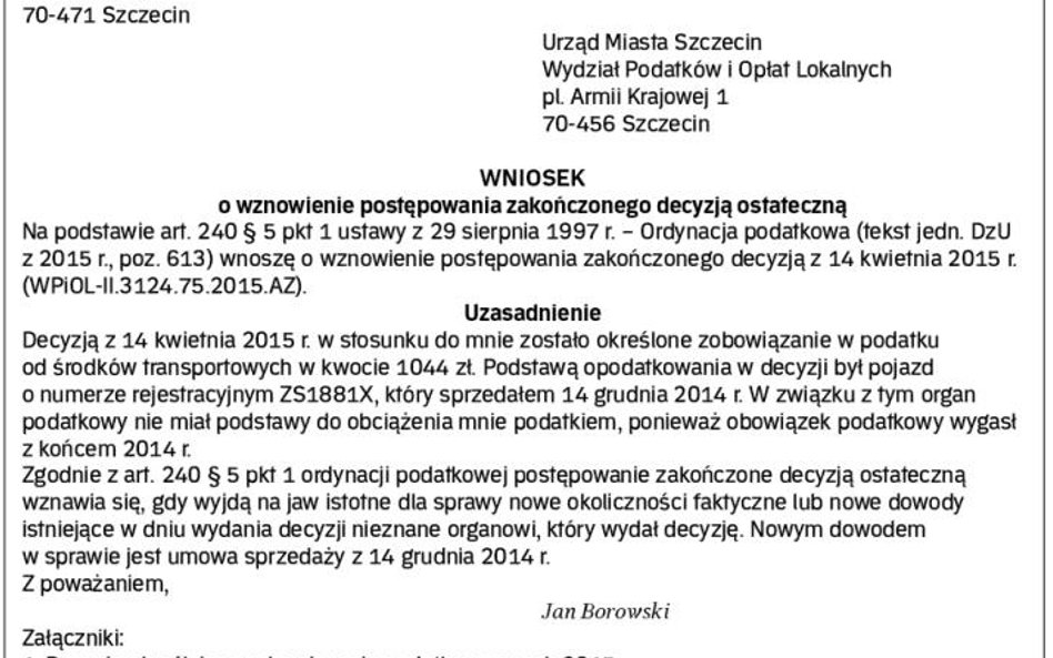 Wzór wniosku o wznowienie postępowania