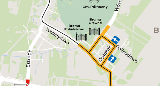 Mapa dojazdu na Cmentarz Północny w Warszawie w dn. 2-3 listopada 2024