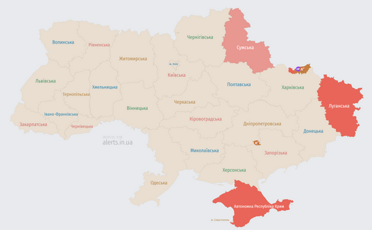 Mapa zagrożeń ze strony alerts.in.ua, stan na godzinę 11:58 czasu polskiego 28 stycznia 2025 r.