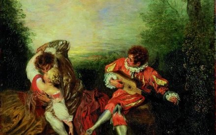 Jean-Antoine Watteau La Surprise: A Couple Embracing While a Figure Dressed as mezzetin Tunes a Guit