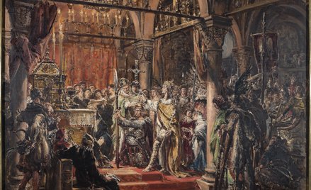 Na obrazie Jana Matejki z 1898 r. „Koronacja pierwszego króla Polski” (fragment) Bezprym stoi między