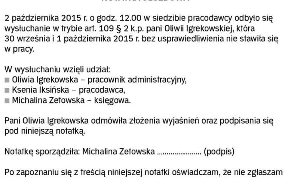 Przykład notatki służbowej