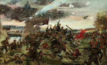Na obrazie Wojciecha Kossaka zmieściło się wszystko: kulomioty, ochotnicy, ksiądz Skorupka, Matka Bo