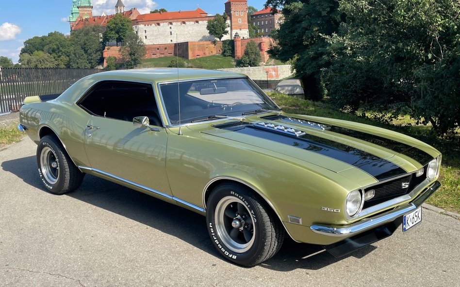 Chevrolet Camaro SS z 1968 roku ma piękny i niespotykany kolor Ash Gold + dwa czarne pasy.