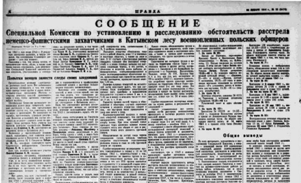 Numer „Prawdy” z kłamstwem o Katyniu – komunikatem o ustaleniach tzw. komisji Burdenki; 26 stycznia 