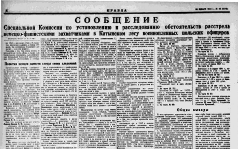 Numer „Prawdy” z kłamstwem o Katyniu – komunikatem o ustaleniach tzw. komisji Burdenki; 26 stycznia 