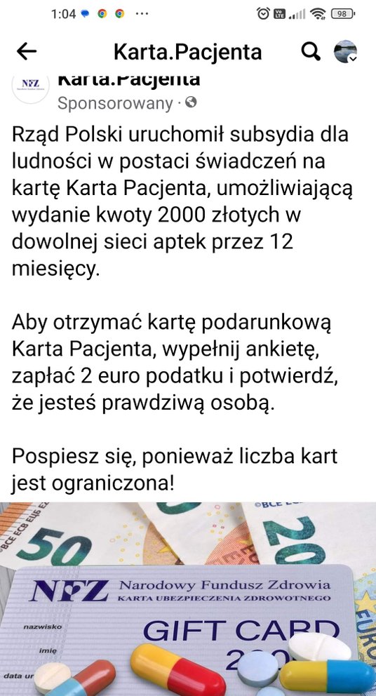 Przykładowy wpis na portalu społecznościowym