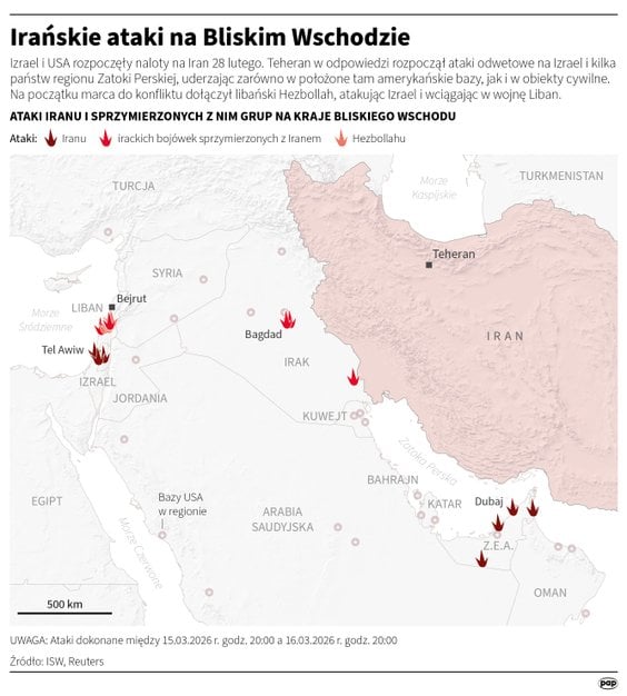 Irańskie ataki na cele na Bliskim Wschodzie (stan z 16 marca)
