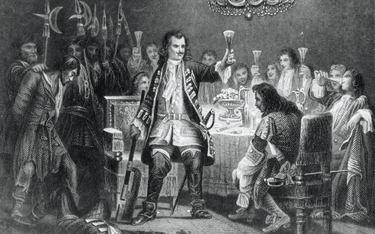 Car Piotr I (na środku ryciny) w 1709 r. rozkazał, aby „opornym [kozakom dońskim] nie obcinać, tylko