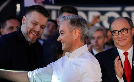 Liderzy Lewicy na marcowej konwencji wyborczej Roberta Biedronia w Warszawie