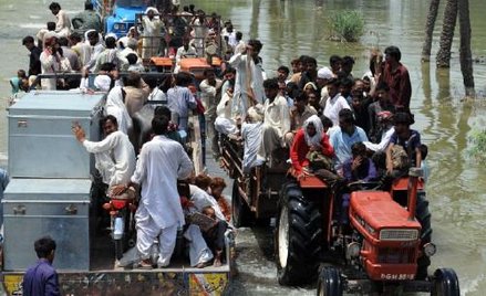 Pakistan, Bassera. Rodziny poszkodowane przez powódź wracają do swoich zalanych domów