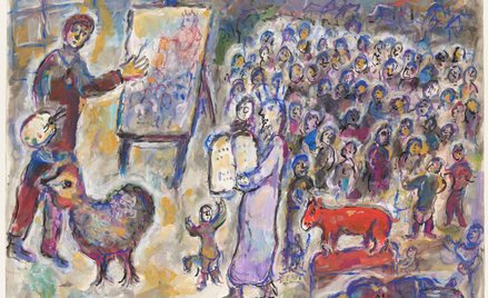 Marc Chagall „Wizyta Mojżesza i złotego cielca w pracowni”, ok. 1976