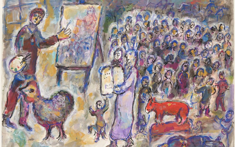 Marc Chagall „Wizyta Mojżesza i złotego cielca w pracowni”, ok. 1976