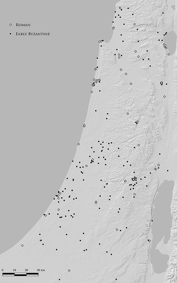 Mapa rozmieszczenia stanowisk rzymskich i wczesnobizantyjskich z zabytkami marmurowymi. Autorstwo: O