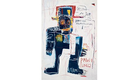 Jean-Michel Basquiat, „Paradoks czarnego policjanta”, 1981, akryl, olej i spray na desce