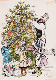 Rysunek Antoniego Uniechowskiego przypomina o gwiazdkowych prezentach.