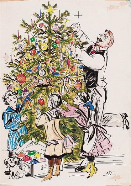 Rysunek Antoniego Uniechowskiego przypomina o gwiazdkowych prezentach.