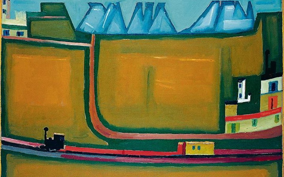 Jerzy Nowosielski, „Pejzaż z kolejką i górami”, olej, płótno, 1964 76 x 100 cm,