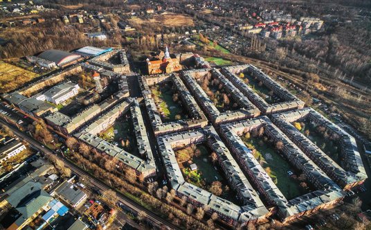 Katowice Nikoszowiec, widok osiedla z lotu ptaka.