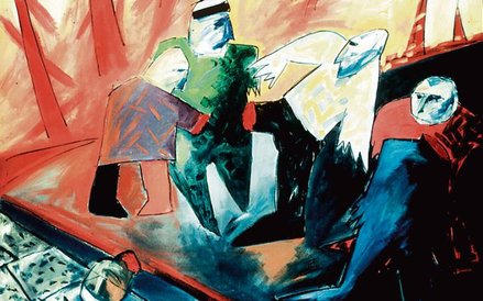 Paweł Kowalewski, Gruppa, czyli sześć złotych pędzli, 1986-1987, olej na płótnie, 120 na 150 cm, kol