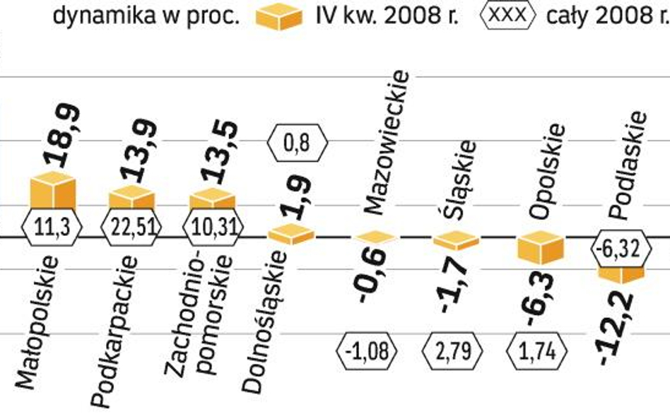 Dane dotyczące inwestycji podało dziesięć wojewódzkich urzędów statystycznych. Najgorszą, ujemną dyn