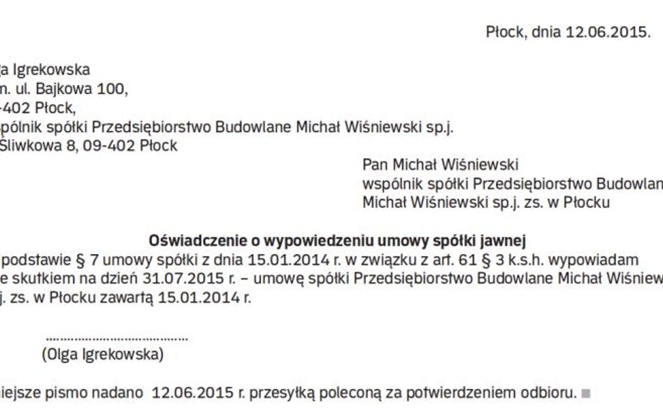 Wzór nr 2 oświadczenia o wypowiedzeniu umowy spółki jawnej