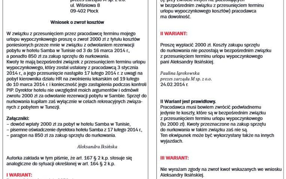 Przykład wniosku pracownika o zwrot kosztów przesuniętego urlopu