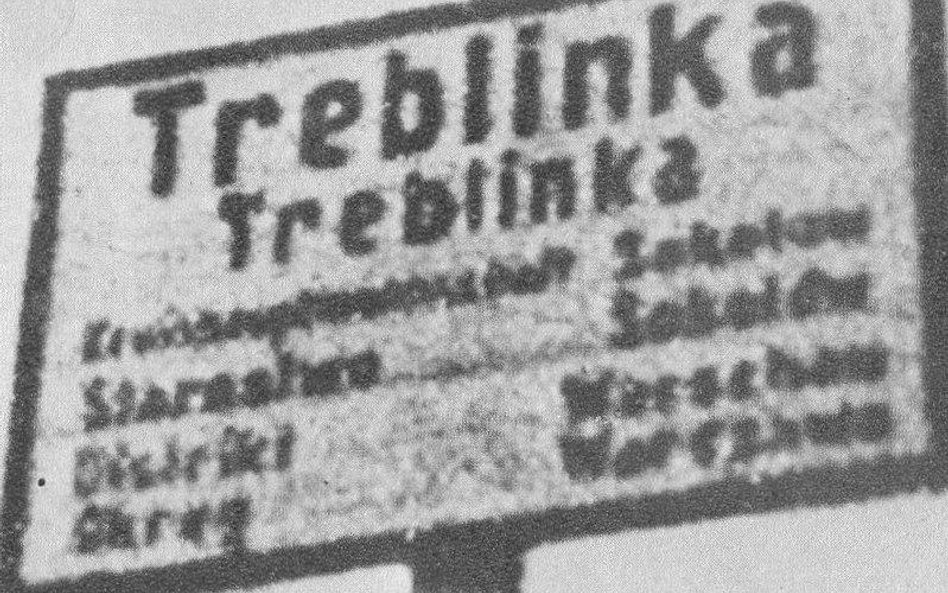 Tabliczka przy wjeździe do wsi Treblinka (w języku polskim i niemieckim)