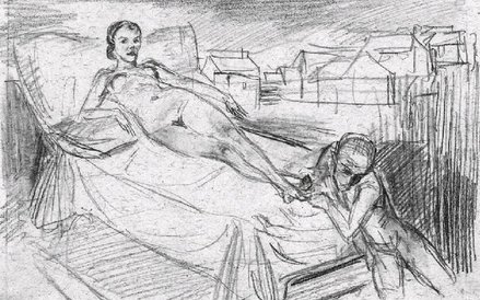 Naga kobieta leżąca na łożu z klęczącym u jej stóp mężczyzną, rys. Schulza, przed 1936 r.