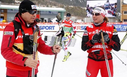 Justyna Kowalczyk i jej trener Aleksander Wierietielny po treningu w Val di Fiemme