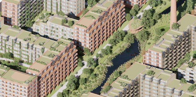 Centralnym punktem nowego osiedla będzie plac wokół komina dawnych zakładów oraz zielona oś