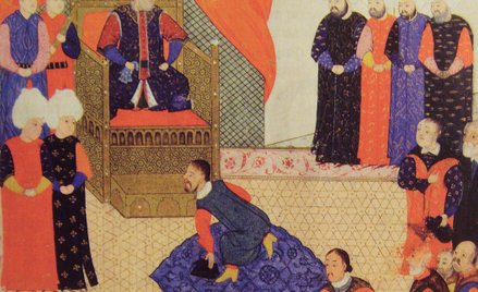 Jan Zygmunt, książę Siedmiogrodu i antykról Węgier składa hołd sułtanowi Sulejmanowi Wspaniałemu w 1