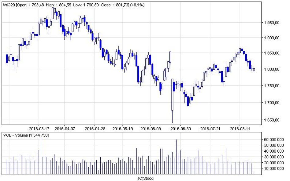 WIG20 spadał rano o 0,3 proc. do 1795 pkt. Czy wsparcie 1800 pkt zostanie pokonane?