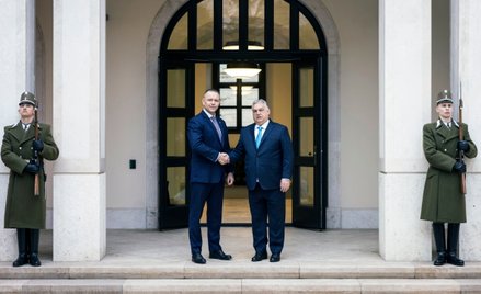 Karol Nawrocki i Viktor Orban przed biurem premiera Węgier w Budapeszcie